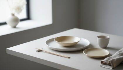 A serene minimalist table setting featuring neutral ceramic bowl plate cup and chopsticks arranged in soft natural light creating a calm modern dining mood