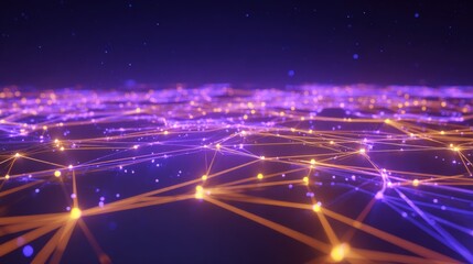 Abstract Network Connection Visualization with Orange and Purple Glowing Lines, Nodes, and Data Flow
