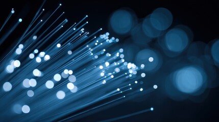 Fiber Optic Cables Glowing with Blue Light, Modern Technology and High Speed Internet Connection
