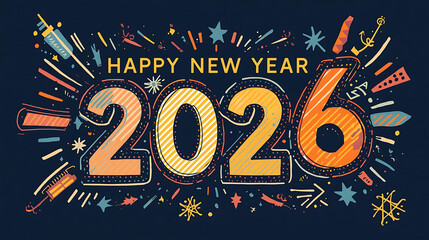 Happy New Year 2026 Celebration: A vibrant and celebratory design announces the arrival of 2026, radiating with joy, hope, and the promise of a fresh start. A cheerful and eye-catching graphic.