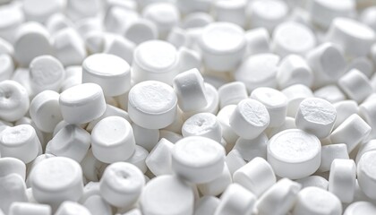 Close-up of numerous small, white, cylindrical objects with rounded edges, in a pile, creating a textured surface