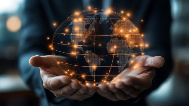 A person holds a digital, glowing globe representing global connectivity