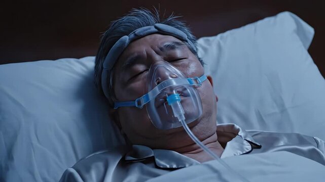 asian elderly man on bedside oxygen therapy at night, reclining in bedroom with nasal mask and tubing connected to compact humidifier/nebulizer unit on table; dim blue lighting, peaceful sleeping