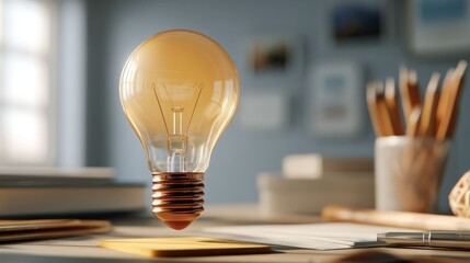 a desk with various objects including books, a laptop, and what appears to be a coaster made of lightbulbs. there's also a paperweight that resembles a lightbulb