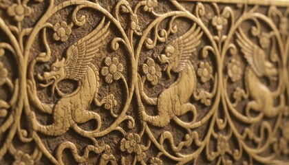 Ornate carved panel featuring stylized mythical dragon motifs arranged in symmetrical floral patterns that emphasize intricate craftsmanship and decorative artistry