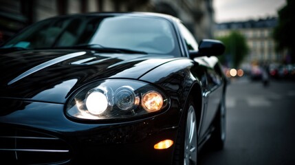 Sleek black sports car parked on urban street showcases luxury automobile headlight design and reflections