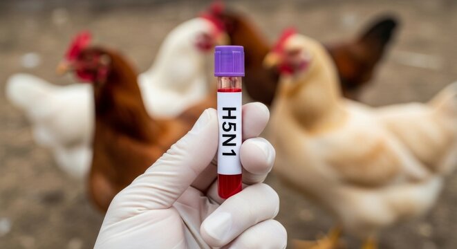 H5n1 avian influenza blood sample in gloved hand with blurred chickens in background