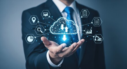 Cloud Computing Concept with Businessman Presenting Digital Data, Highlighting Connectivity, Storage and Modern Technology Solutions