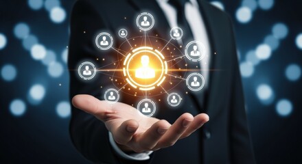Professional holding glowing digital network of people, representing human resources, connection, and modern technology