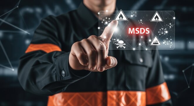 Worker Accessing Material Safety Data Sheet MSDS Information on a Digital Interface for Workplace Safety