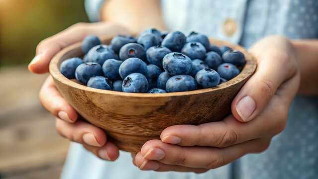Close-up of hands holding fresh blueberries in a rustic wooden bowl, natural food photography with earthy tones - Powered by Adobe