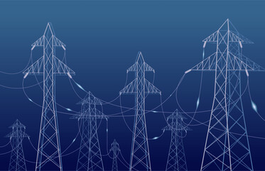 High voltage wires background. Transmission system landscape, city lines for power. Urban infrastructure with electric poles, sapid vector concept