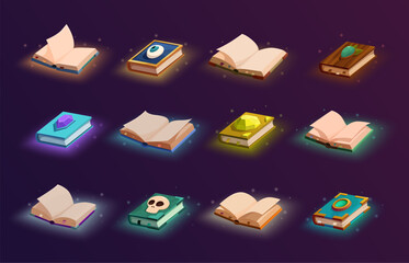 Open magic books. Closed opened notebooks with empty pages, decorative templates. Witchcraft book with amulets, gemstones, skull, sapid vector set