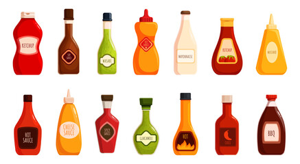 Cartoon sauce bottles. Ketchup wasabi cheese, mayonnaise and chili sauces. Food topping in plastic or glass bottle. Packaging sapid vector clipart