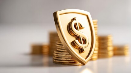 Financial Security Concept: Golden Shield with Dollar Sign Protecting Stacks of Coins, Symbolizing Wealth Preservation