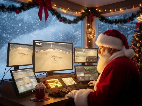 Santa claus monitors video screens during festive holiday season