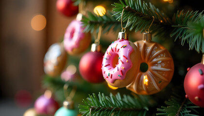 Fototapeta premium Pink frosted donut Christmas baubles hanging on a decorated Christmas tree, styled as sweet, playful holiday ornaments. The scene is shot as a macro photo with soft lights, creating a festive, card, 