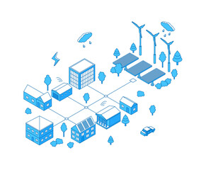 Isometric green energy district. Buildings powered by single grid of clean power generated by solar panels and wind turbines. Eco lifestyle nifty vector concept