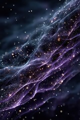 Fototapeta premium Abstract digital background with flowing purple and blue waves and glowing particles for technology visuals
