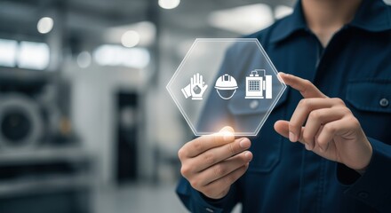 Worker Presenting Safety Equipment Icons in a Modern Factory Setting, Emphasizing Workplace Safety and Compliance
