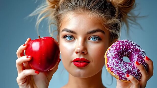 A woman holding an apple and a donut in front of her face