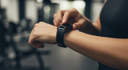 Woman Monitoring Fitness Progress on Smartwatch at Gym, Checking Performance Metrics and Setting Goals for Workout