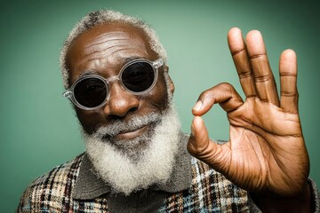 Elderly man with glasses showing hand sign on green background