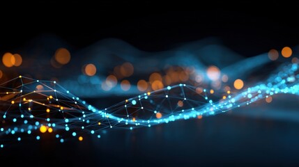 Abstract Technology Background with Interconnected Nodes, Data Transmission, Neural Network Connections, and Glowing Particle Effects