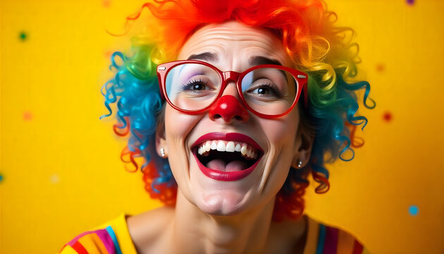 frau, karneval, k&ouml;lle, alaaf, kost&uuml;m, clown, bunt, gesicht, lachend, hut, brille, weiberfastnacht, k&ouml;ln, rosenmontag, feiern, party, flyer, portrait, eine, mit, tr&auml;gt, neu, gelber hintergrund, foto, 1