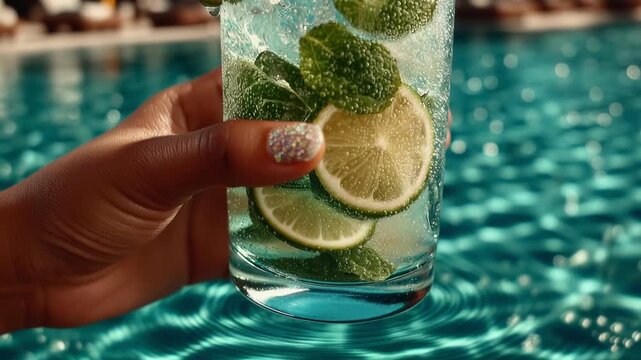 Fresh mojito with lime and mint held by hand over bright turquoise pool