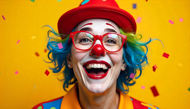 frau, karneval, k&ouml;lle, alaaf, kost&uuml;m, clown, bunt, gesicht, lachend, hut, brille, weiberfastnacht, k&ouml;ln, rosenmontag, feiern, party, flyer, portrait, eine, mit, tr&auml;gt, neu, gelber hintergrund, foto, 1