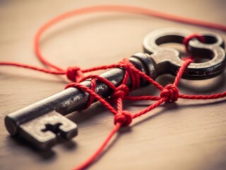 Vintage key entwined with red string on wood surface concept