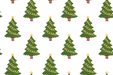 Repeating texture of evergreens wrapped in golden tinsel. Holiday background with spruce trees decorated with spiral streamers for New Year.