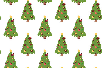 Cute holiday background with firs adorned with celestial symbols. Endless texture of spruce trees with hearts, stars and moons on white.