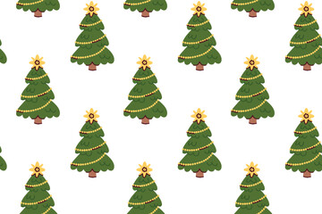Festive texture of green firs decorated with glowing bulbs. Holiday background with spruce trees and electric lights for winter celebration.