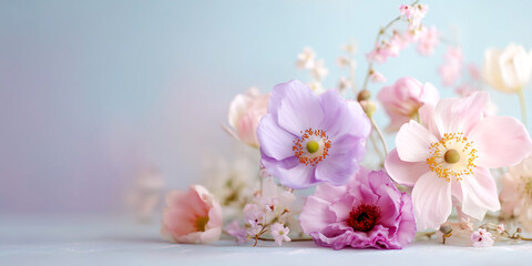 spring celebration layout with pastel flowers soft light gentle bokeh and elegant balanced composition in a calm style