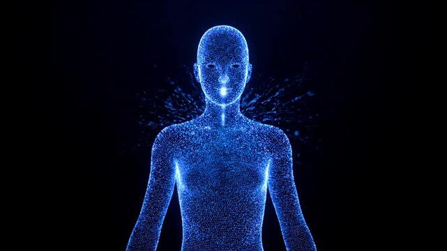 Digital Human Form Composed of Blue Glowing Particles, Representing Technology, Artificial Intelligence, and Futuristic Concepts in a Dark Background