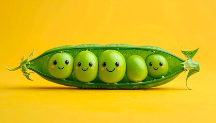 Adorable illustration featuring five smiling green peas nestled inside their open pod, set against a vibrant yellow backdrop