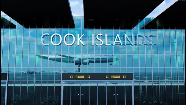Airlane landing at Cook Islands. Arrival in the city with reflection of airport and aircraft