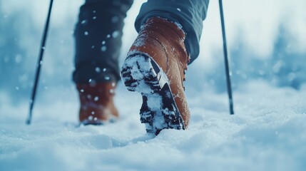 Hiker trekking through deep snow in winter landscape