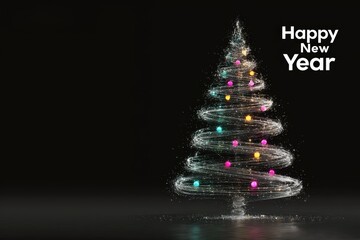 Digital Christmas Tree with Sparkling Lights and New Year Text on Black
