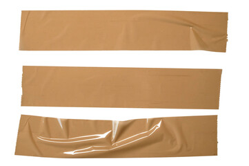 Three Strips Of Brown Packing Tape On White Background For Packaging, Sealing, And Craft Projects