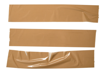 Three Strips Of Brown Packing Tape On White Background For Packaging, Sealing, And Craft Projects