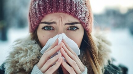 Cold woman outdoors with tissue in snowy winter
