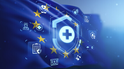 European healthcare protection concept with digital medical icons and EU flag background representing health data security and insurance system integration.