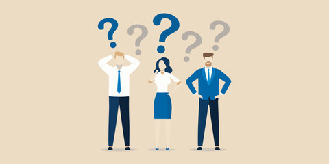 Business people facing uncertainty with question marks above their heads
