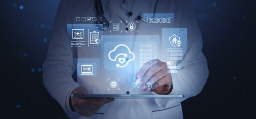 Doctor using digital tablet with futuristic health data icons and cloud computing concept on dark blue background in a creative medical technology scene.
