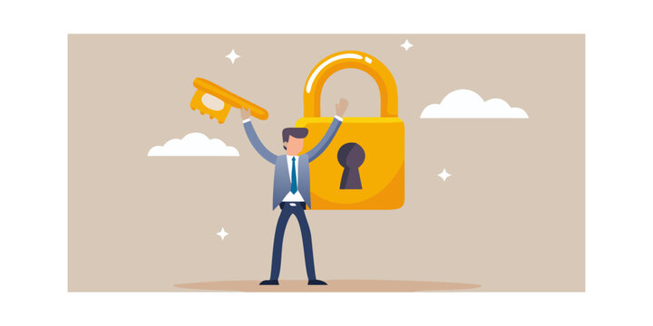 A businessman unlocks a golden padlock symbolizing success and achievement - Powered by Adobe
