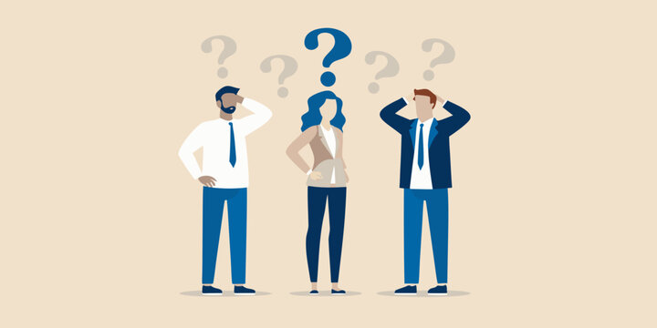 People pondering with question marks above their heads in a minimalist style