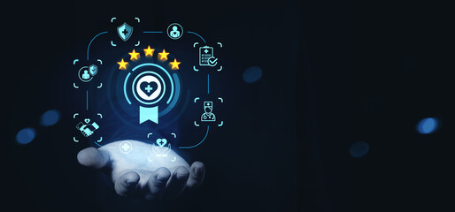 Customer service quality rating concept with healthcare icons and five-star review symbols on glowing digital interface above hand on dark background.